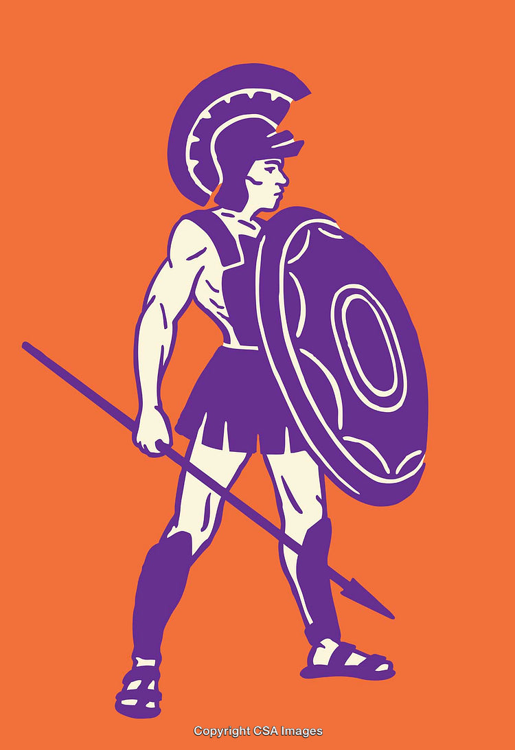 Illustration of a Greek Warrior With Spear and Shield on Orange Background