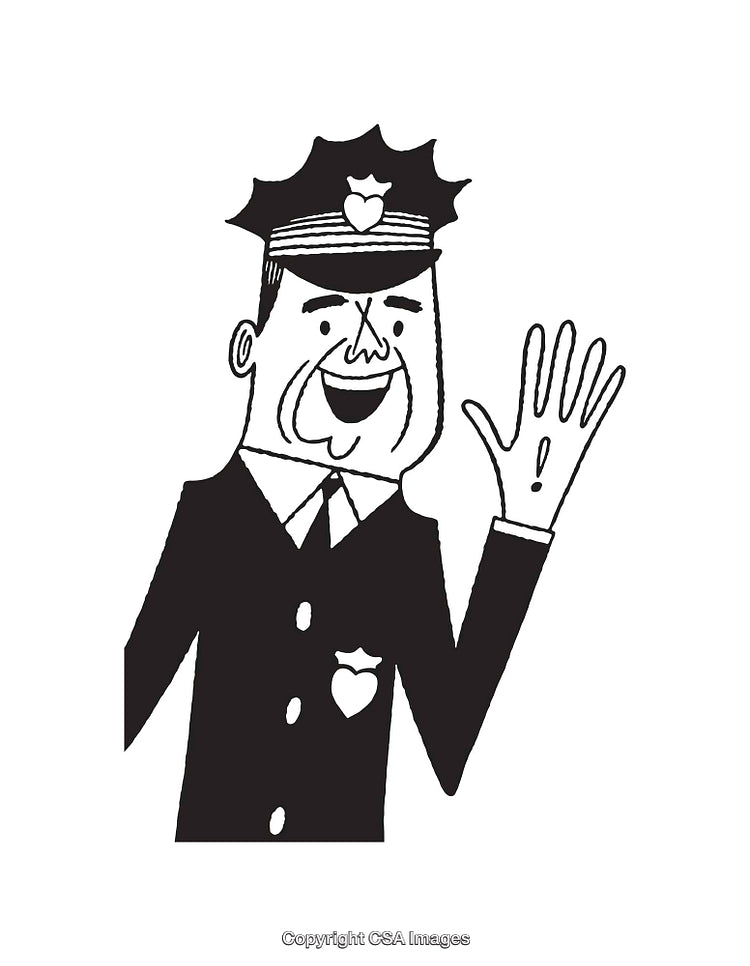 Black and White Cartoon Illustration of a Smiling Police Officer Waving