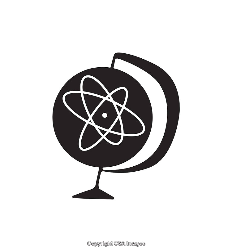 Black and White Globe Icon with Atomic Symbol