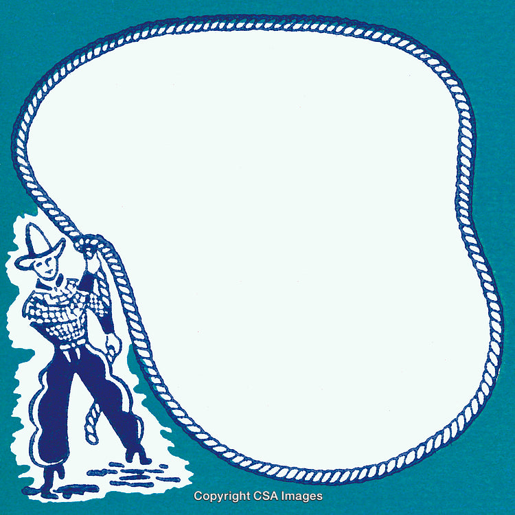 Rodeo Cowboy Illustration with Western Rope Border on Turquoise Background