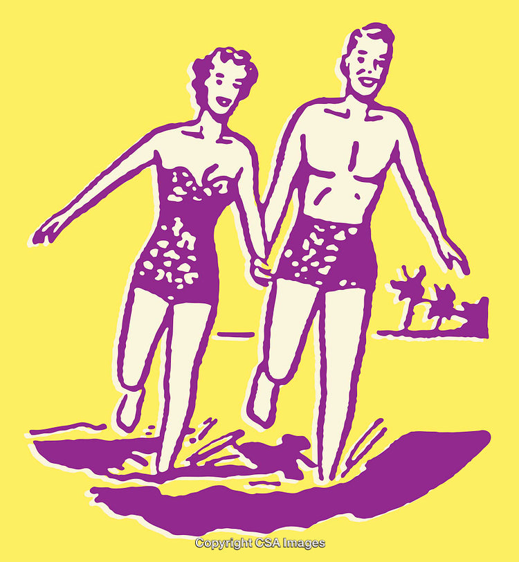Retro Illustration of a Smiling Couple at the Beach in Swimwear