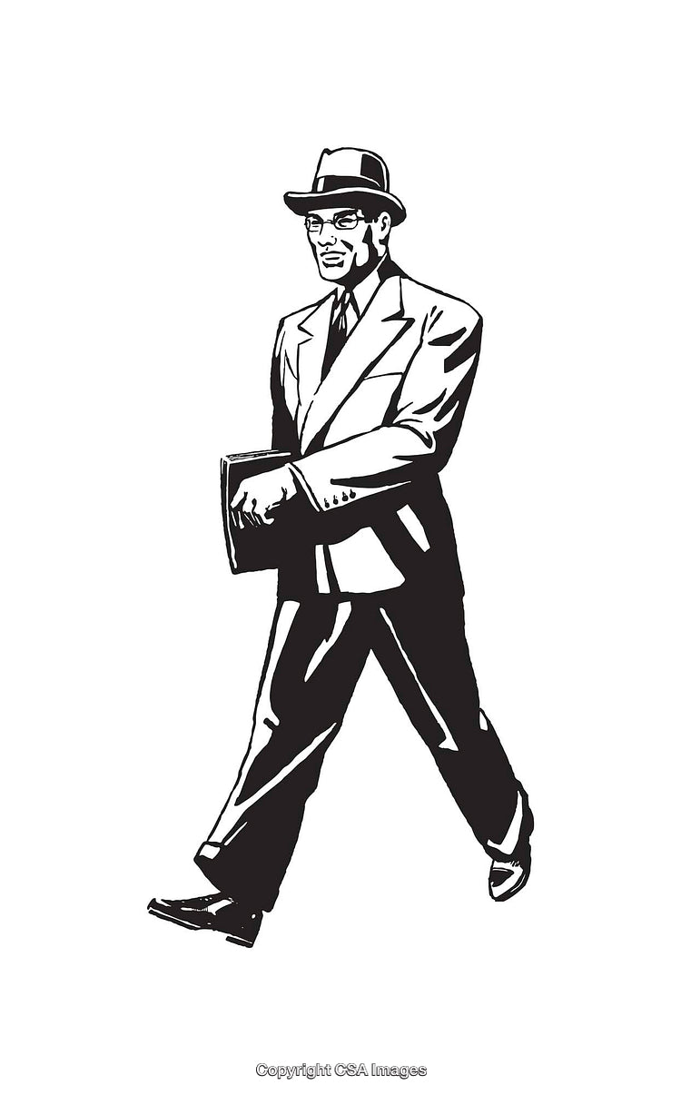 Classic Black-and-White Illustration of a Suit-Clad Man in Motion