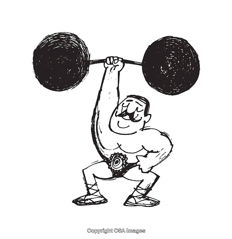 Vintage Strongman Lifting a Barbell in Black and White Line Art