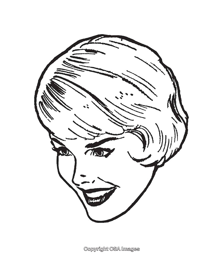 Vintage Line Art Illustration of a Happy Smiling Woman's Face