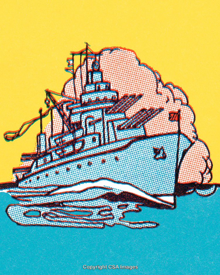 Pop Art Style Colorful Illustration of a Warship on the Sea