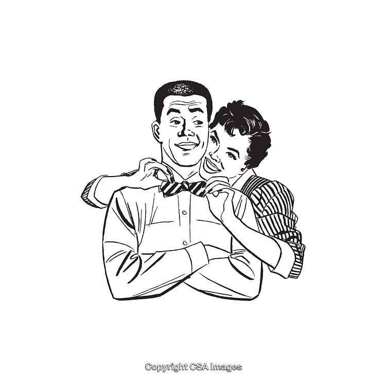 Retro Black and White Illustration of a Happy Couple Adjusting Necktie