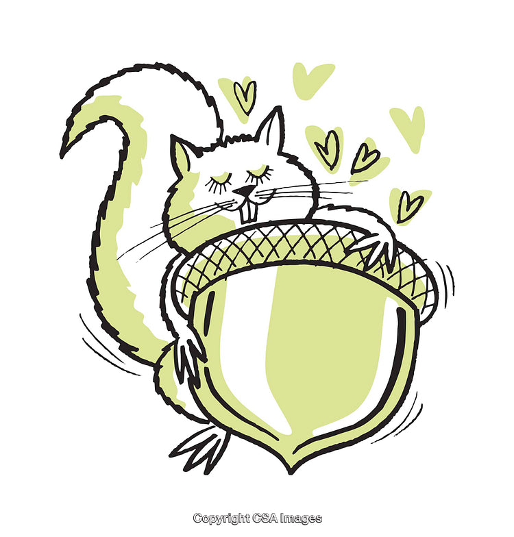 Happy Cartoon Squirrel Hugging a Large Acorn with Green Heart Accents