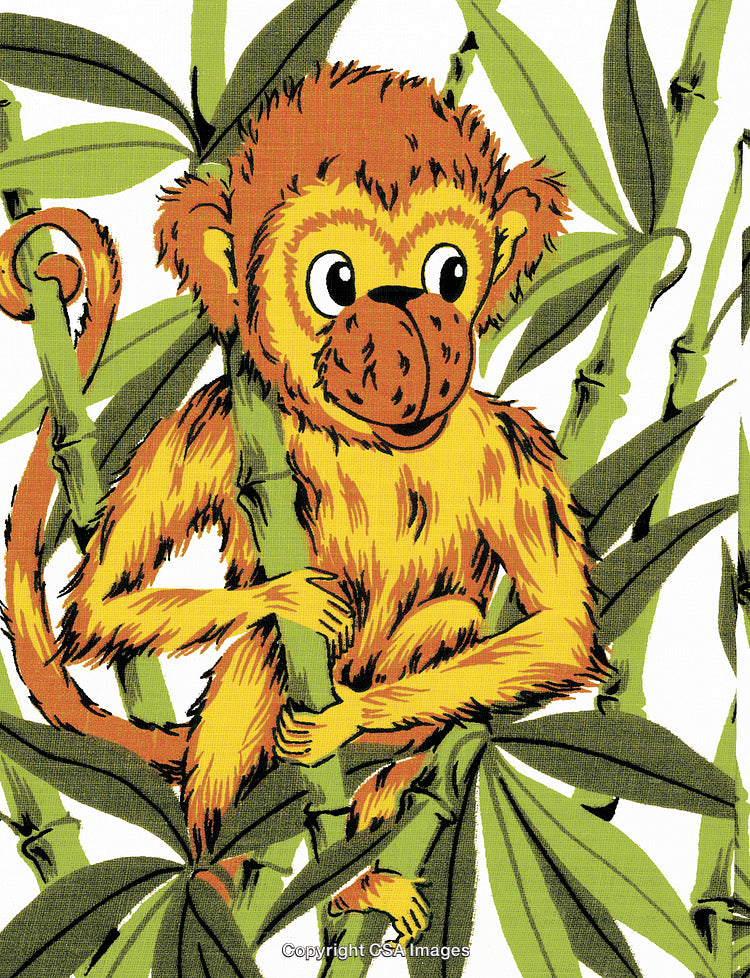 Cheerful Cartoon Monkey Clinging to Bamboo in Forest Illustration