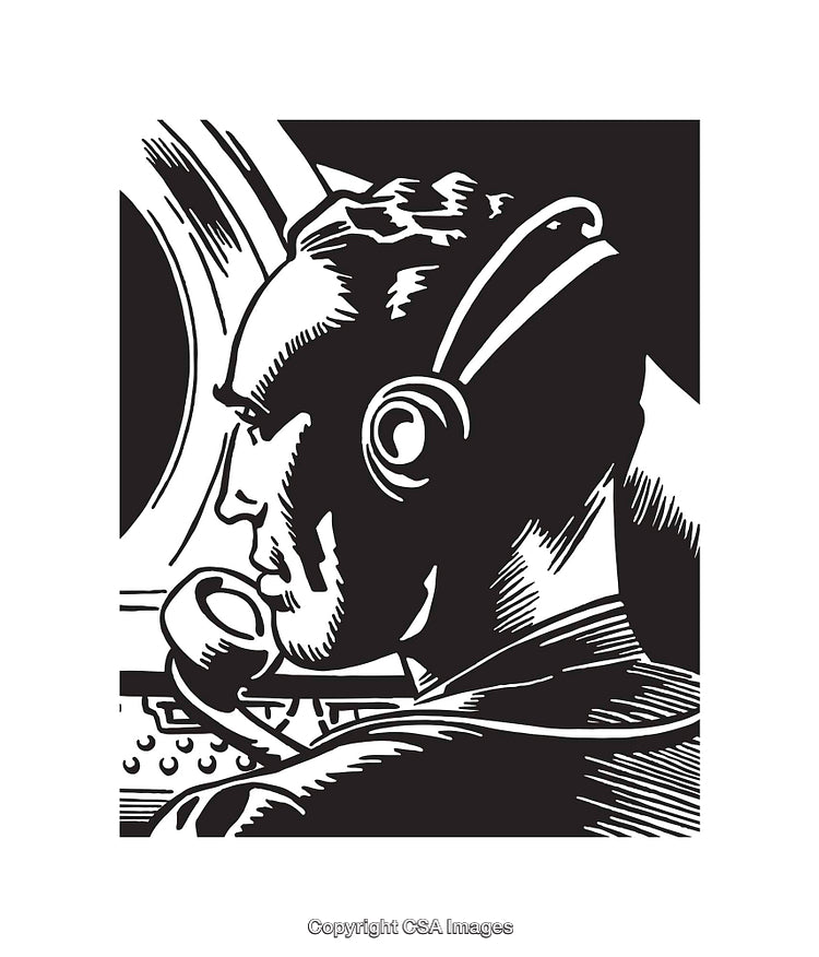 Retro Line Art of a Radio Operator Wearing Headset at Work