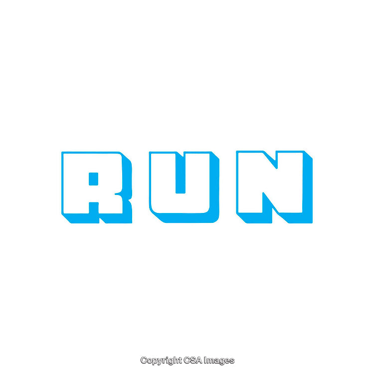 Bold Blue Worded Typography on White Background Emphasizing the Word Run