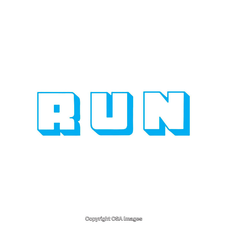 Bold Blue Worded Typography on White Background Emphasizing the Word Run