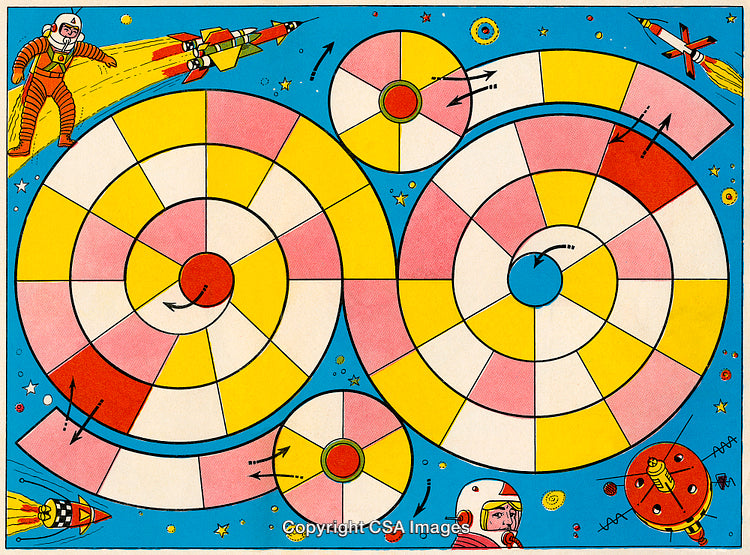 Colorful Space-Themed Board Game with Circular Tracks and Astronaut Art