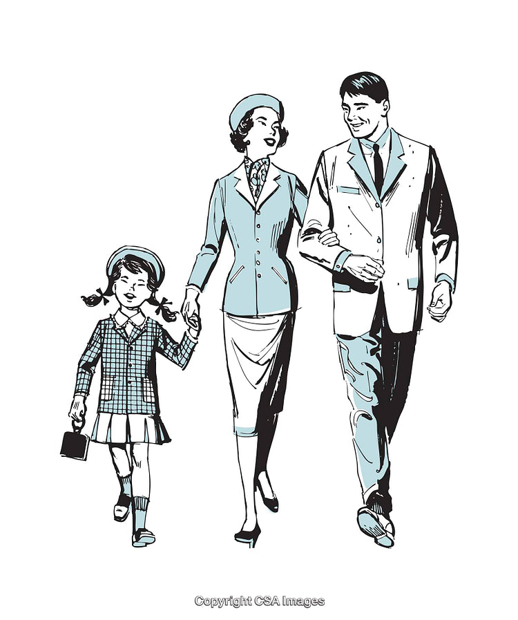 Retro Illustration of a Family Walking Together in Stylish Clothing