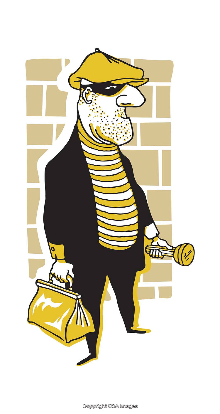 Funny Illustration of a Cartoon Thief Holding a Bag and Flashlight