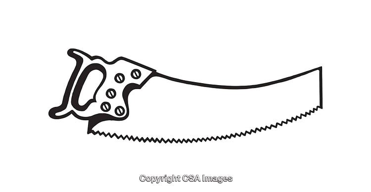 Line Drawing of a Handsaw Tool in Black and White Outline Art
