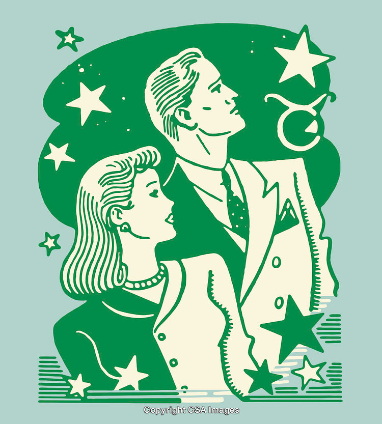 Retro Styled Line Art of Man and Woman in Business Attire