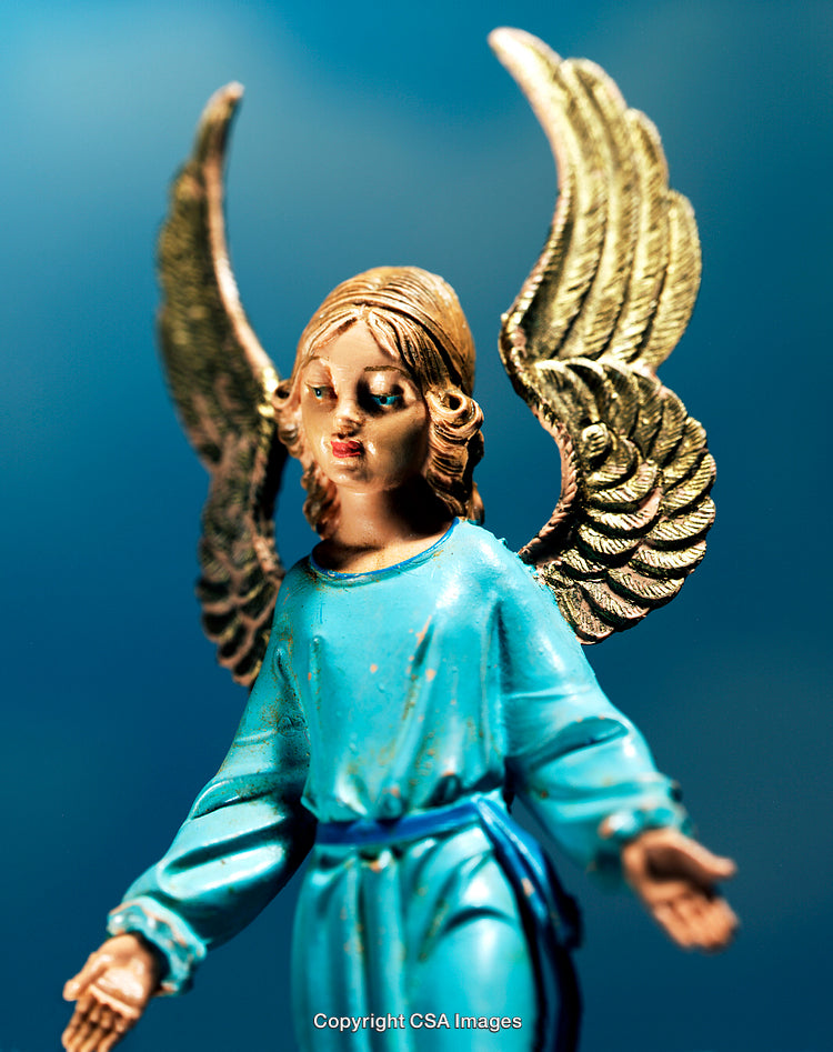 Decorative Angel Figurine with Golden Wings and Blue Garment