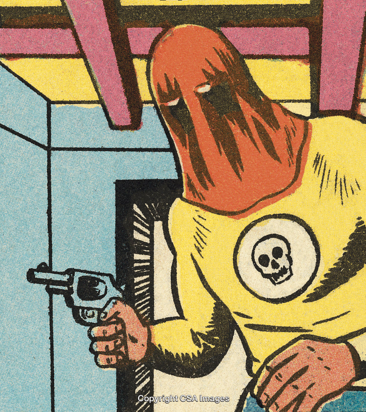 Vintage Comic Book Illustration Featuring Masked Villain Holding a Weapon