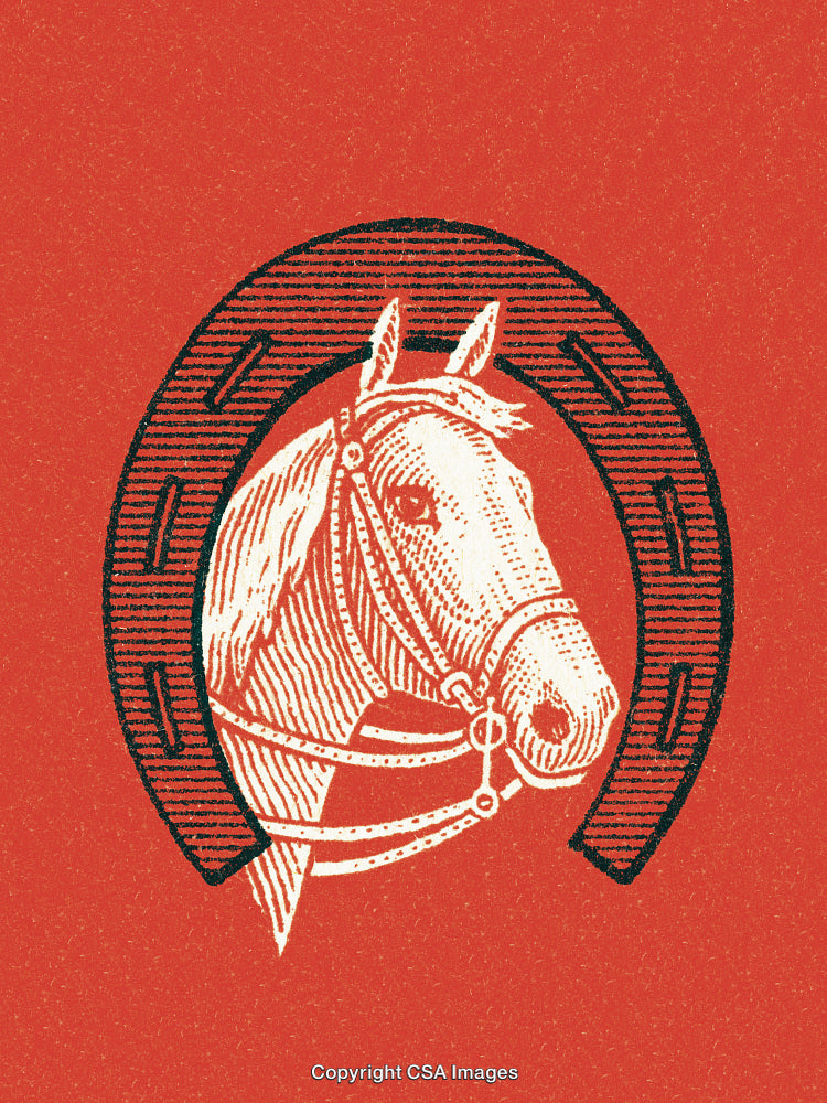 Vintage Style Horse Illustration Framed by Horseshoe on Red Background