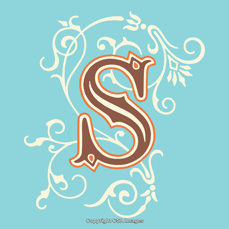 Decorative Ornate Letter S with Flourishing Design on Blue Background