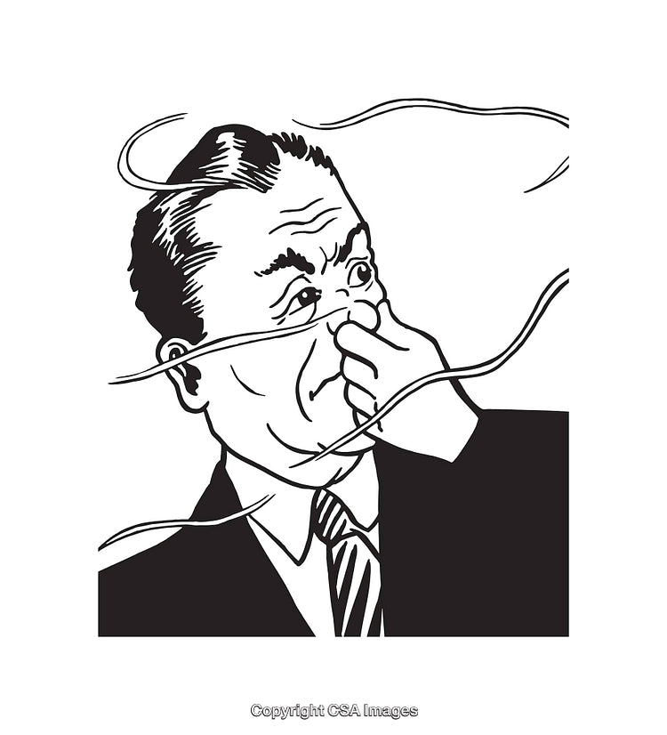 Black and White Illustration of Annoyed Man Holding Nose Against Bad Smell