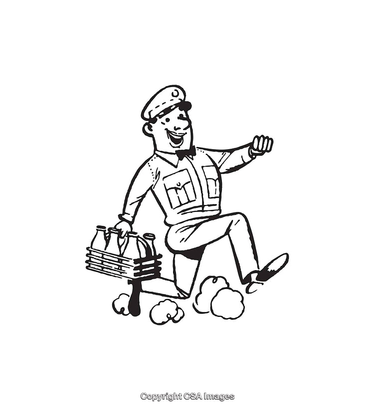 Vintage Line Art Of A Milkman In Motion Holding Milk Crates