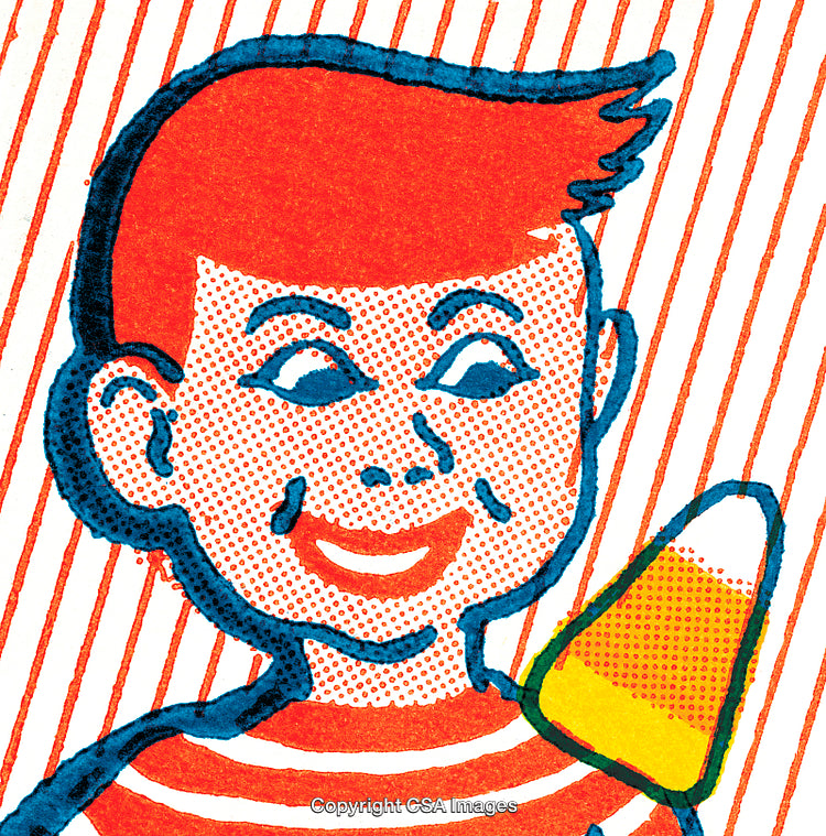 Retro Cartoon Illustration of Smiling Boy with Candy on Striped Background