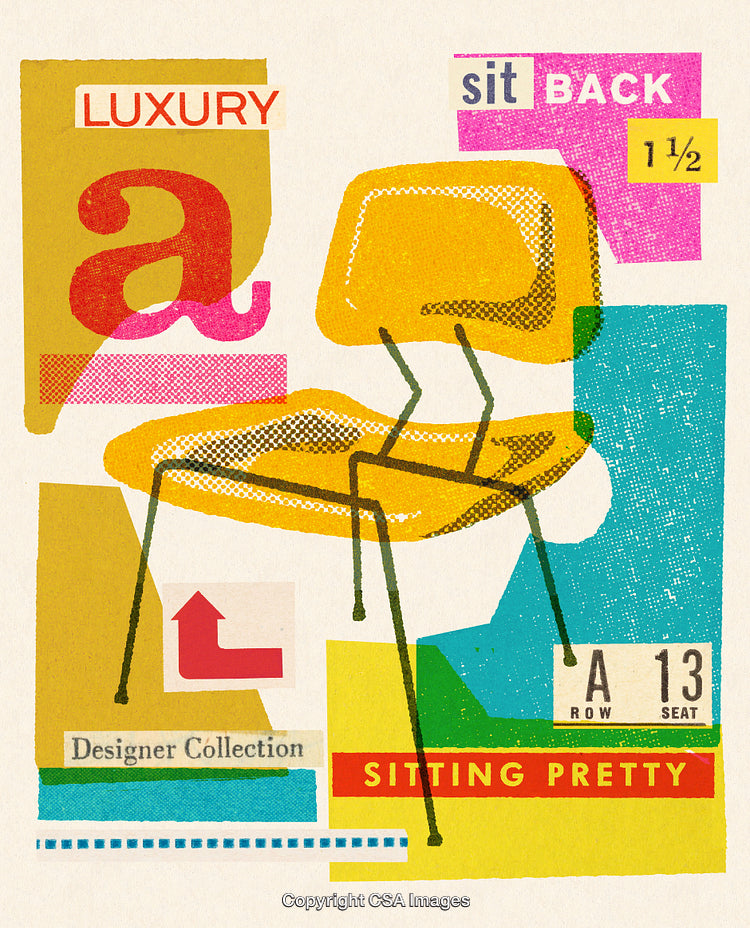 Retro Collage Featuring a Yellow Chair and Graphic Typography Elements