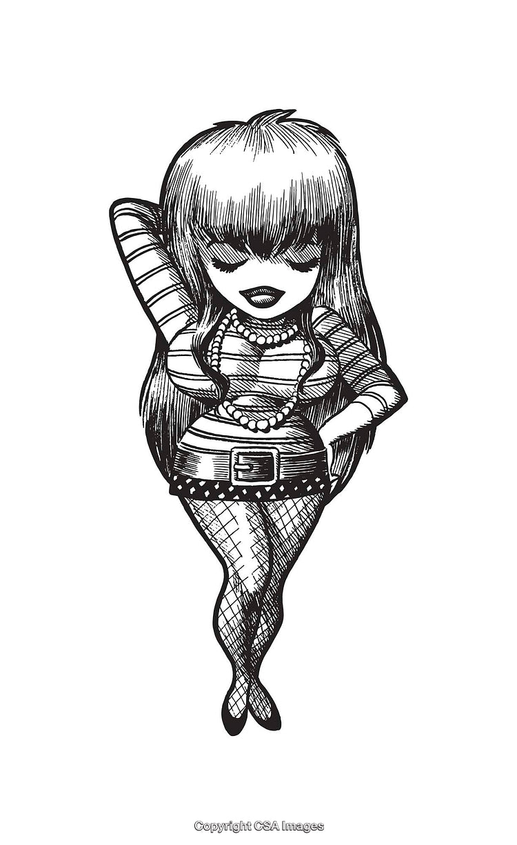 Chic Female Cartoon Art in Black and White Retro Style Illustration