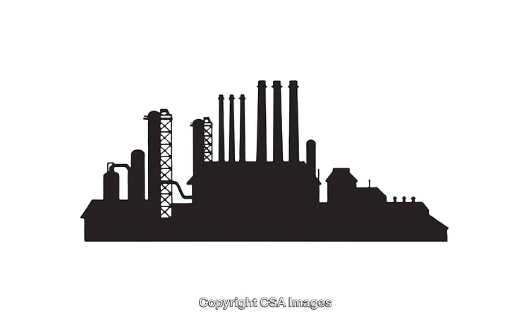 Industrial Factory Silhouette with Chimneys and Structures Isolated on White Background