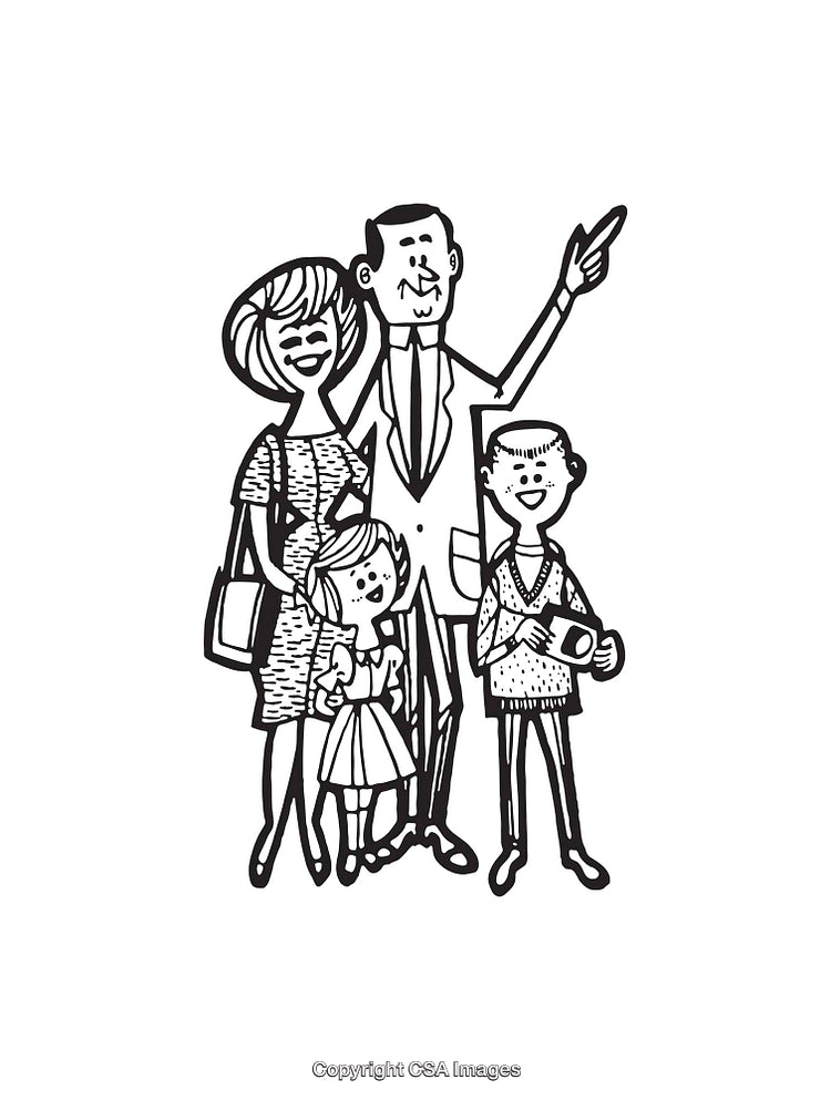 Retro Styled Black and White Family Illustration of Four Members