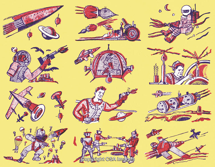 Retro Style Illustrations Depicting Space Travel and Futuristic Adventures