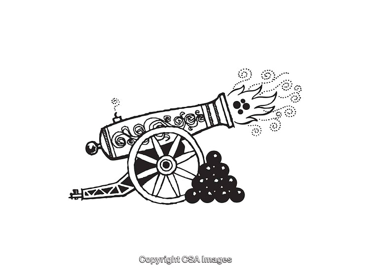 Black and White Line Art Illustration of Historic Cannon Firing