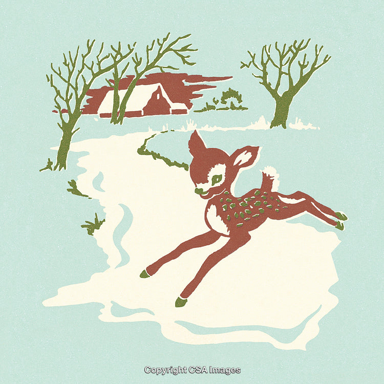Winter Scene with a Joyful Deer and Snowy Landscape