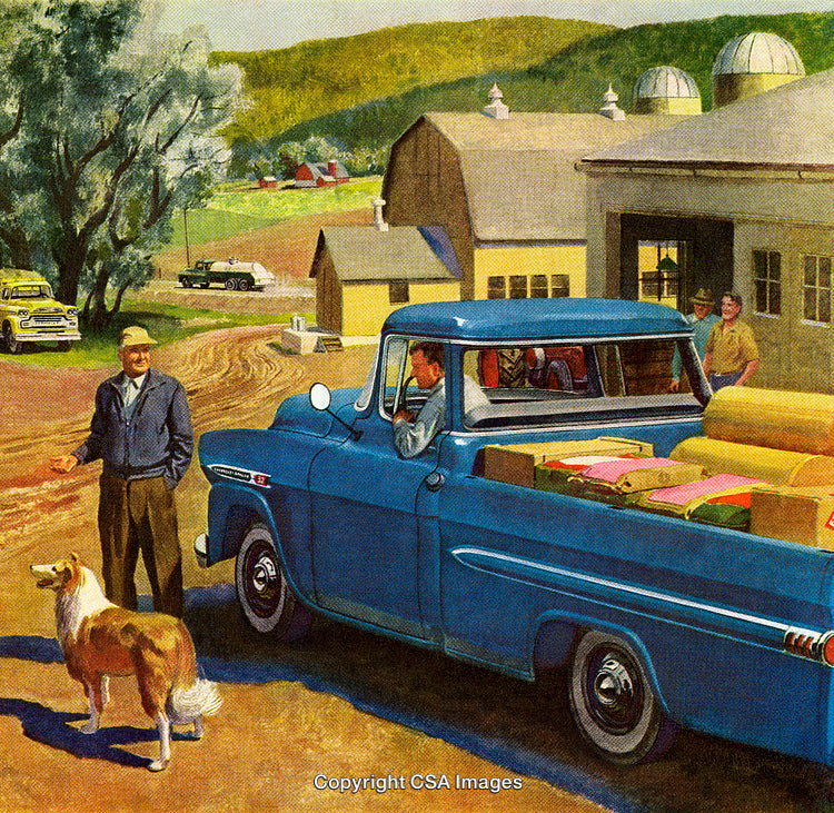 Rural Farm Scene with a Blue Truck and Farmers Interacting