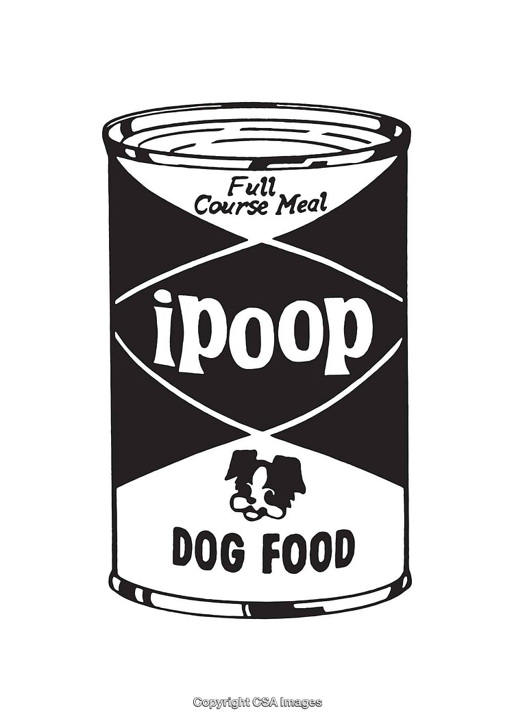 Black and White Illustration of Humorous Dog Food Can Design