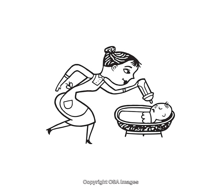 Woman Feeding Baby from a Bottle in Cradle Line Art Illustration