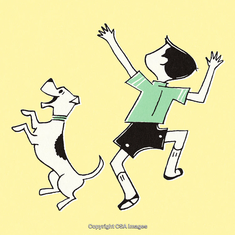Illustration of Young Child Playing Happily With a Cheerful Dog