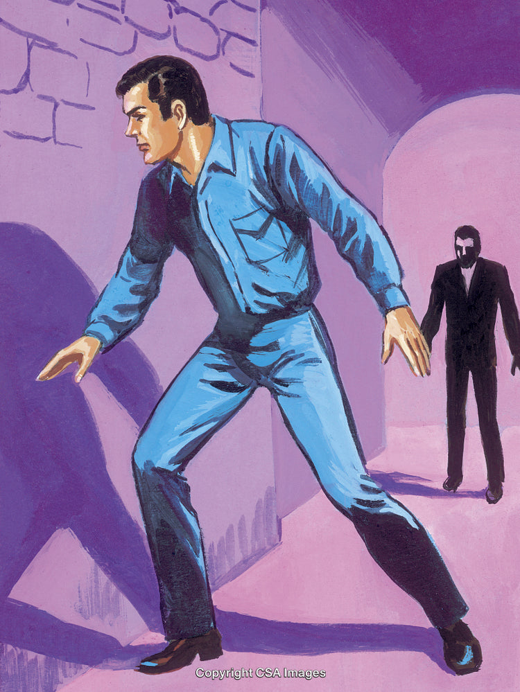 Man in Suspenseful Situation Observed by a Shadowy Figure in a Hallway
