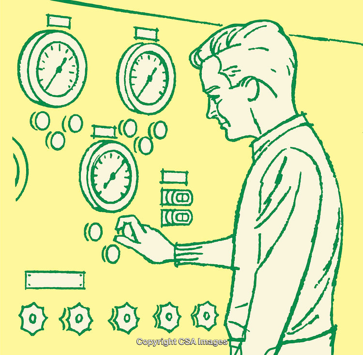 Vintage Line Art Illustration of Man Operating Control Panel