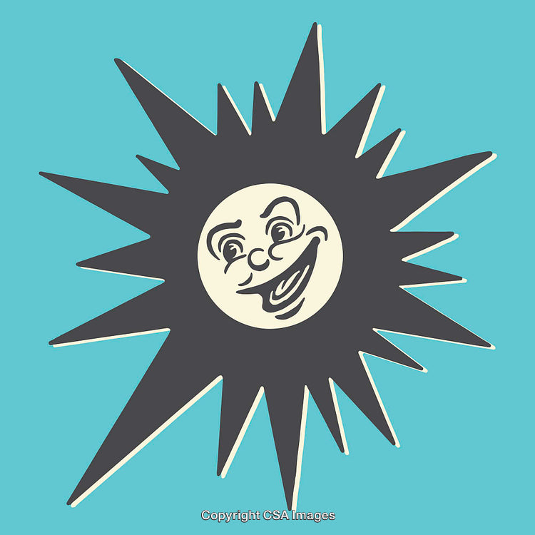 Smiling Sunface Art Illustration with Bold Geometric Design on Blue Background
