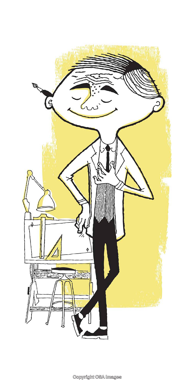 Whimsical Cartoon of a Professional Man by a Desk and Tools