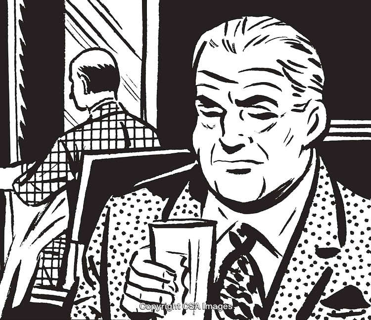 Black and White Retro Style Illustration of Two Men in a Scenic Setting