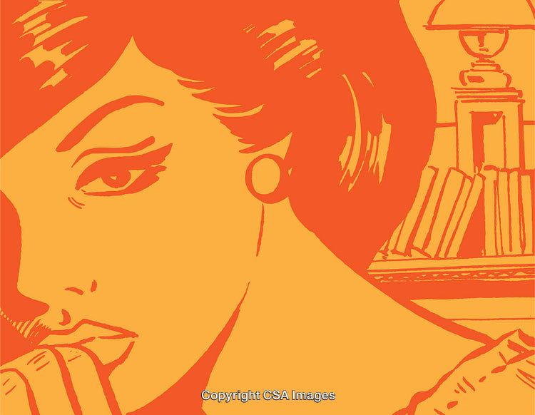 Stylized Illustration of a Thoughtful Woman in a Retro Art Style