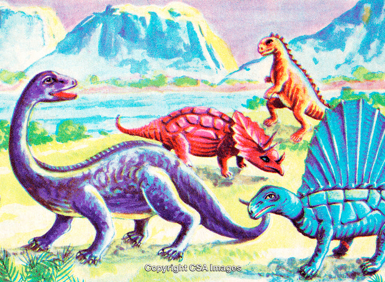 Colorful Dinosaurs in Prehistoric Landscape with Scenic Background