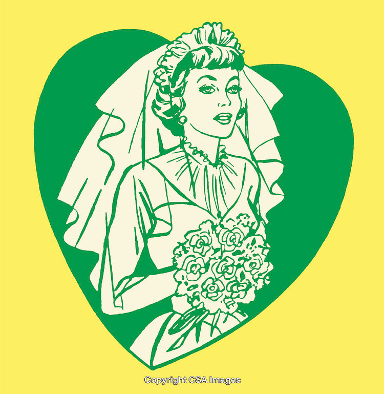 Elegant Vintage Bride Illustration with Bouquet in Green and Yellow Theme