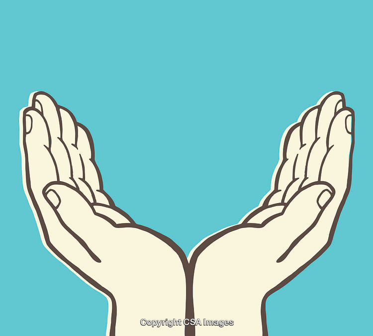 Open Palms Illustration Symbolizing Care and Generosity on Blue Background