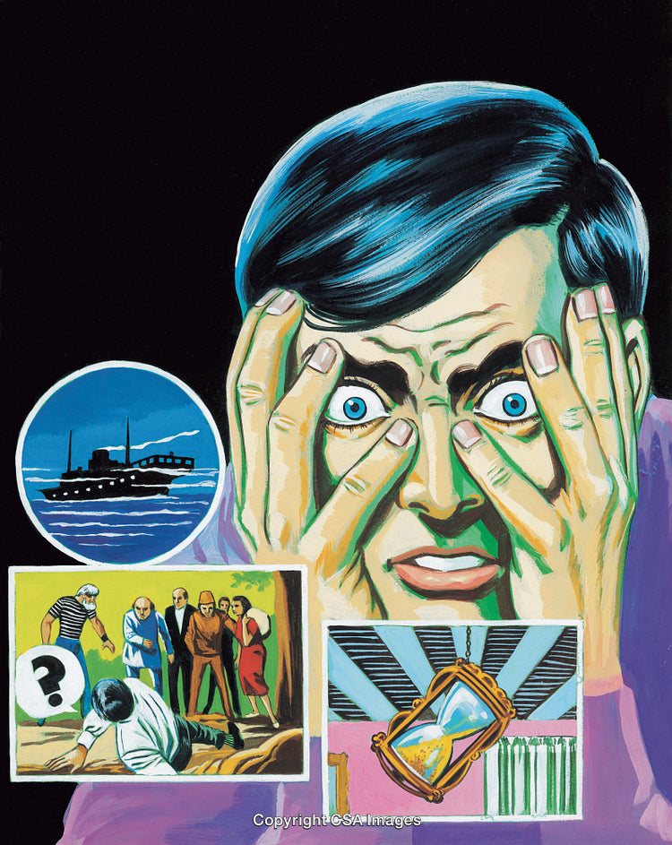 Dramatic Retro Artwork Featuring Distressed Man and Symbolic Collage Elements
