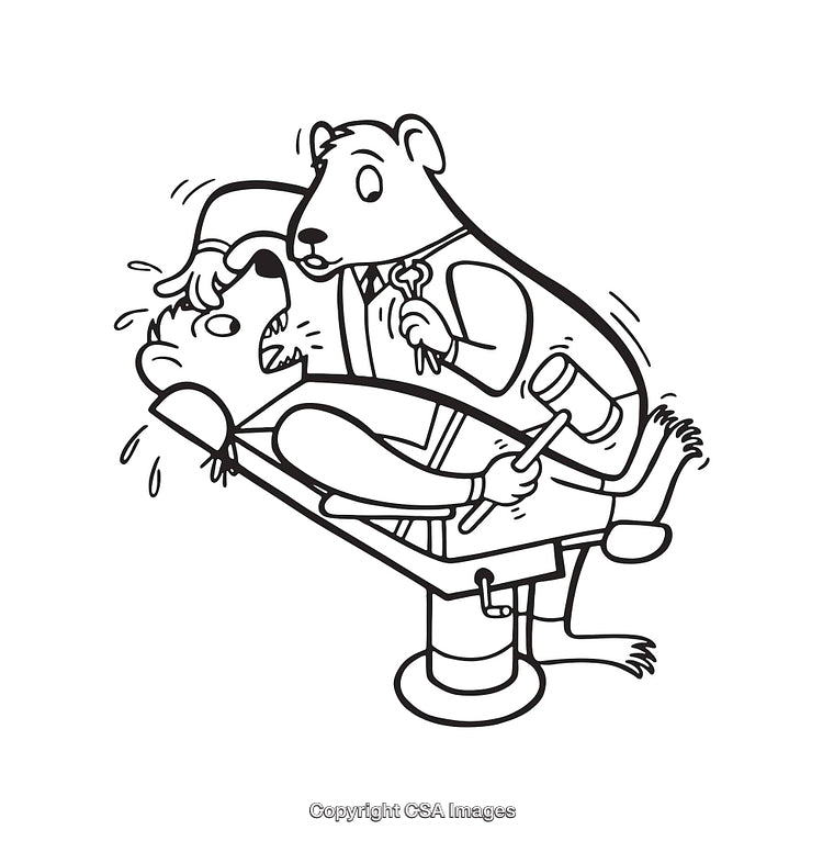 Humorous Line Art of Bear Dentist With Nervous Patient in Chair
