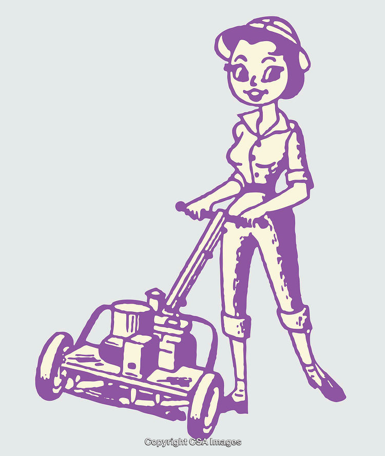 Vintage Color Line Art Illustration of Woman Operating Lawn Mower